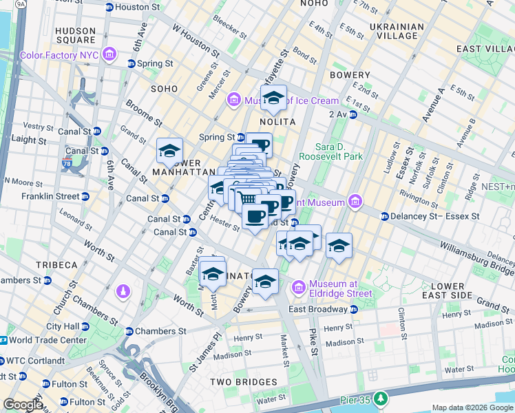 map of restaurants, bars, coffee shops, grocery stores, and more near 203 Grand Street in New York