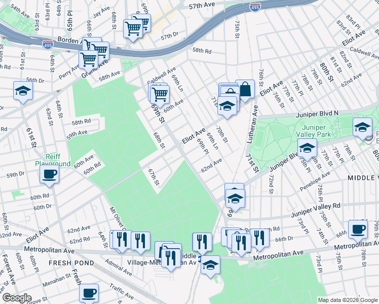 map of restaurants, bars, coffee shops, grocery stores, and more near 69-18 61st Road in Queens