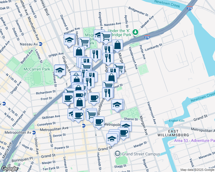 map of restaurants, bars, coffee shops, grocery stores, and more near 252 Richardson Street in Brooklyn