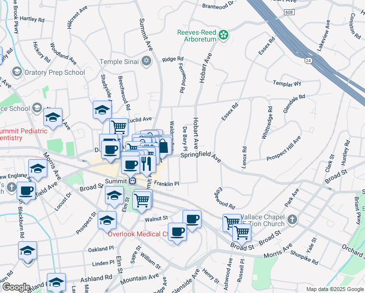 map of restaurants, bars, coffee shops, grocery stores, and more near 8 De Bary Place in Summit