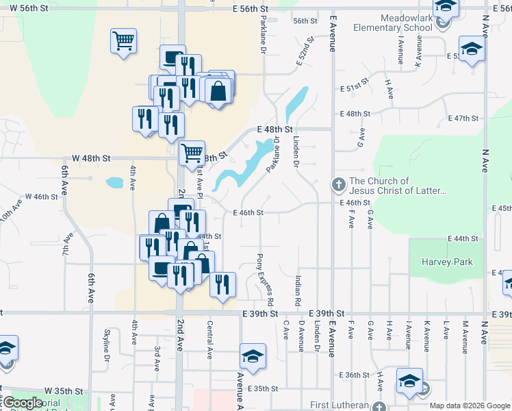 map of restaurants, bars, coffee shops, grocery stores, and more near 100-198 46th St Pl in Kearney