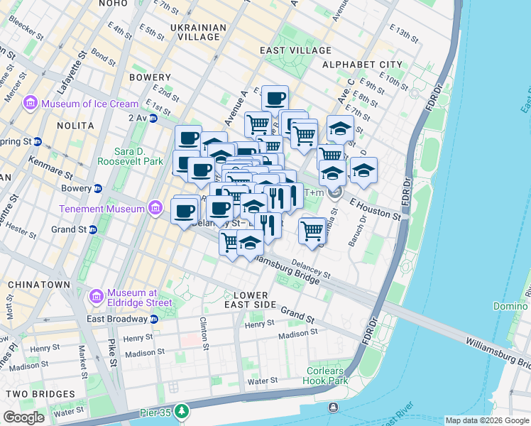 map of restaurants, bars, coffee shops, grocery stores, and more near 119 Ridge Street in New York