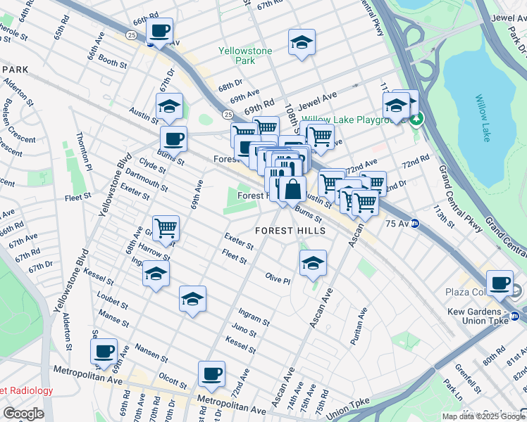 map of restaurants, bars, coffee shops, grocery stores, and more near 70-55 Dartmouth Street in Queens