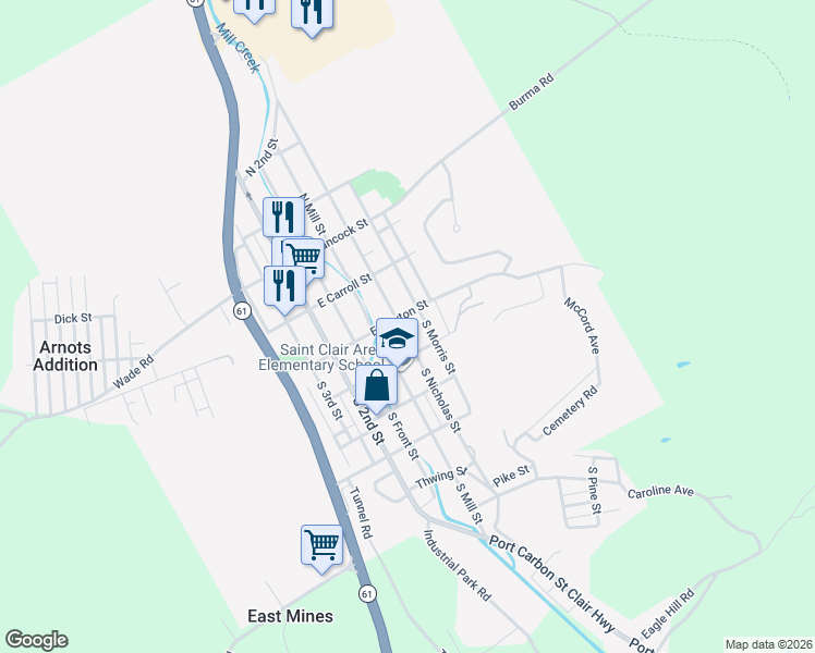 map of restaurants, bars, coffee shops, grocery stores, and more near 111 South Nicholas Street in Saint Clair