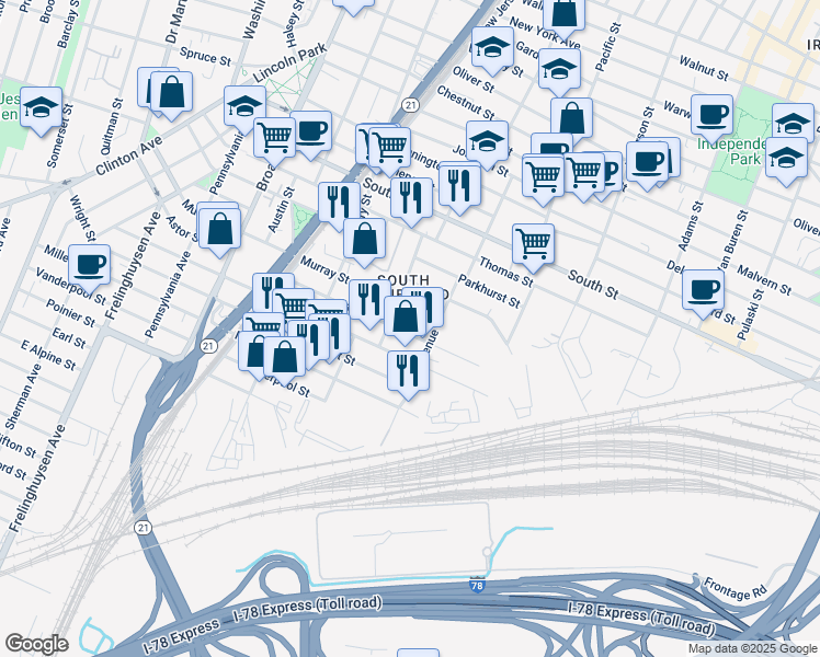 map of restaurants, bars, coffee shops, grocery stores, and more near 249 Astor Street in Newark
