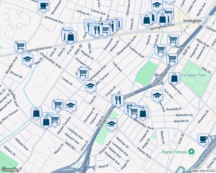 map of restaurants, bars, coffee shops, grocery stores, and more near 226 Park Place in Irvington