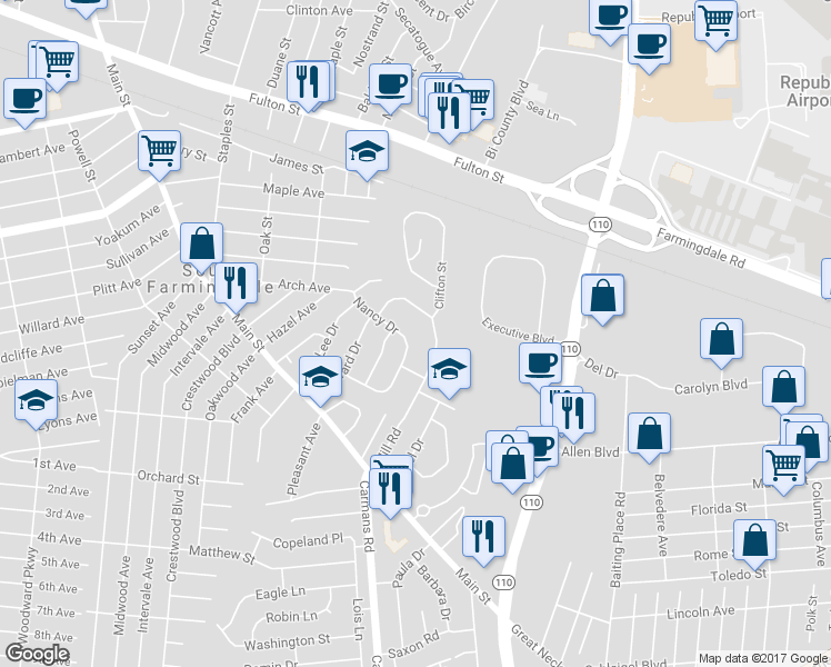 map of restaurants, bars, coffee shops, grocery stores, and more near 2 Nancy Drive in Farmingdale