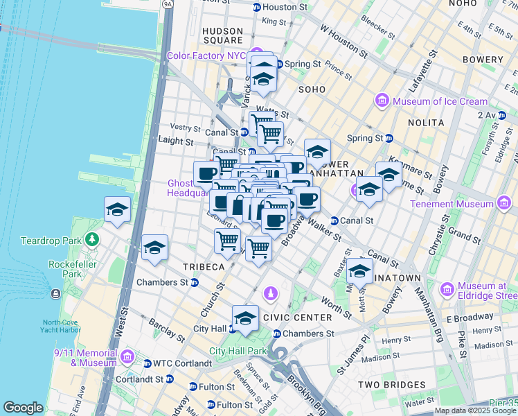 map of restaurants, bars, coffee shops, grocery stores, and more near 1 Avenue of the Americas in New York