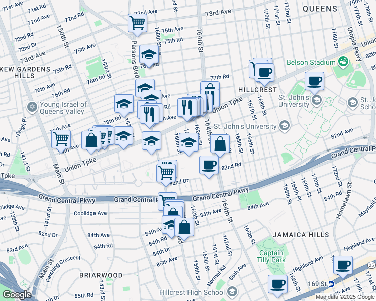 map of restaurants, bars, coffee shops, grocery stores, and more near 80-62 161st Street in Queens