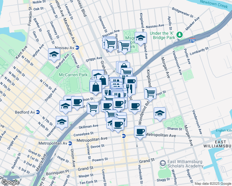 map of restaurants, bars, coffee shops, grocery stores, and more near in Brooklyn