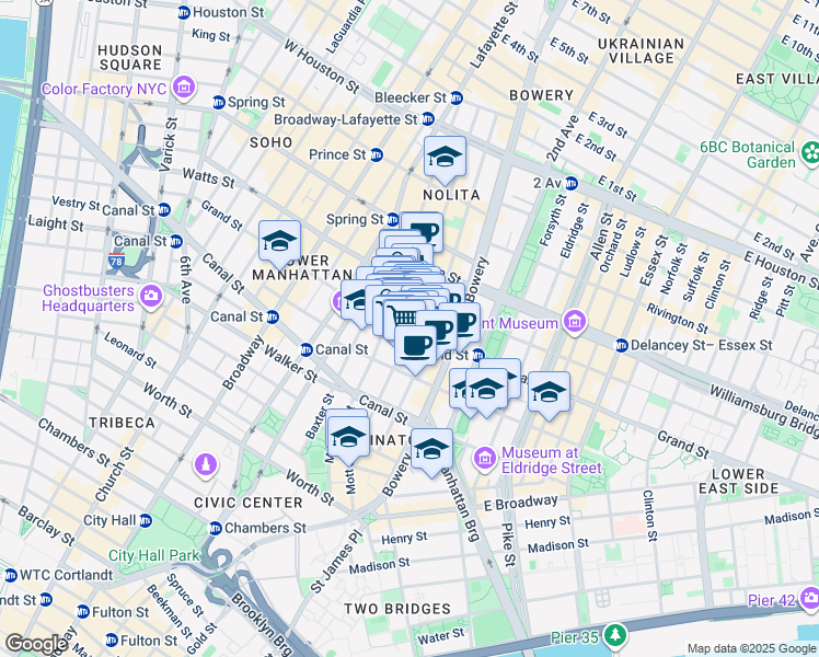 map of restaurants, bars, coffee shops, grocery stores, and more near Grand St & Mott St in New York