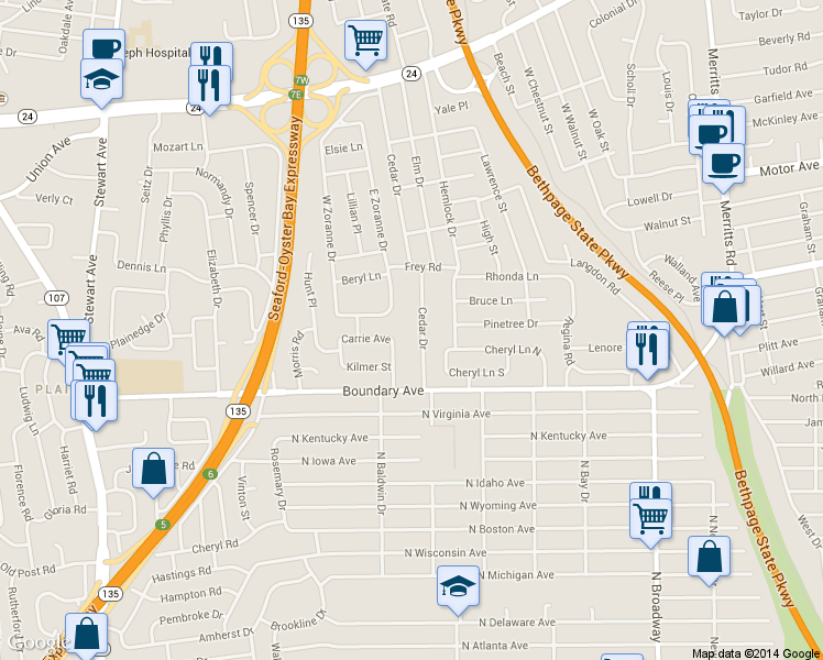 map of restaurants, bars, coffee shops, grocery stores, and more near 83 Cedar Drive in Farmingdale