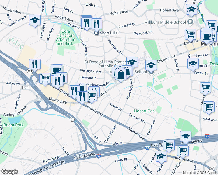 map of restaurants, bars, coffee shops, grocery stores, and more near 545 Millburn Avenue in Essex County