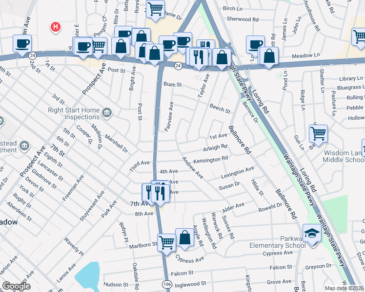 map of restaurants, bars, coffee shops, grocery stores, and more near 2550 1st Avenue in East Meadow
