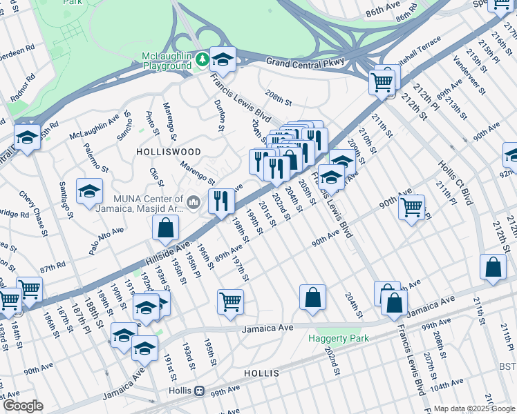 map of restaurants, bars, coffee shops, grocery stores, and more near 88-18 201st Street in Queens
