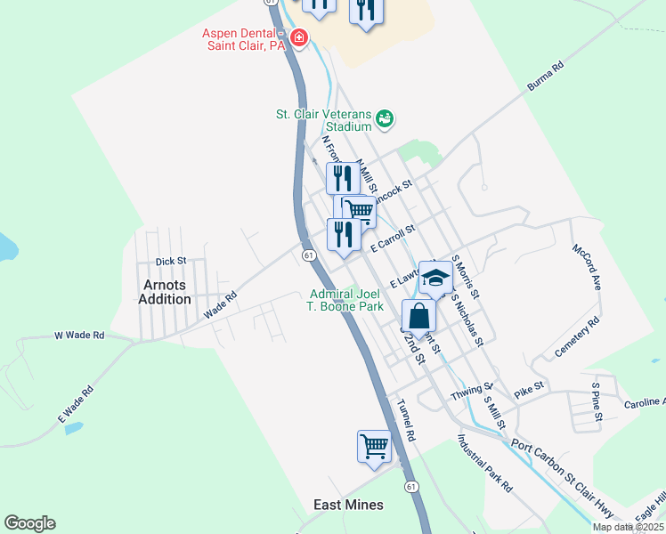 map of restaurants, bars, coffee shops, grocery stores, and more near 17 West Carroll Street in Saint Clair