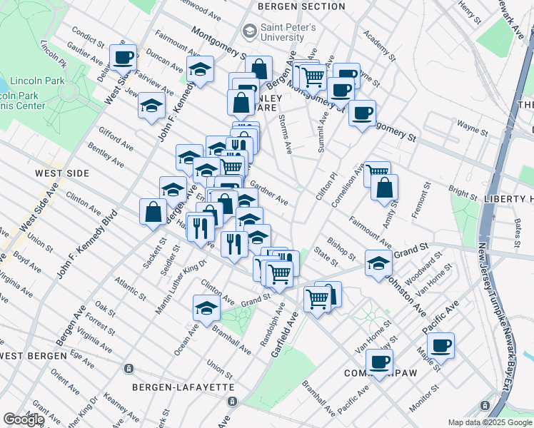 map of restaurants, bars, coffee shops, grocery stores, and more near 21 Belmont Avenue in Jersey City