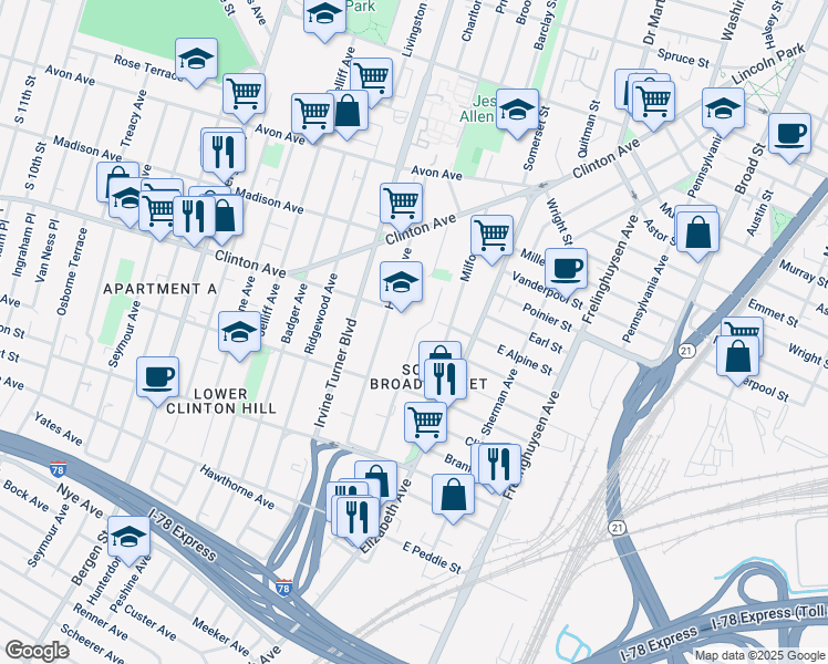 map of restaurants, bars, coffee shops, grocery stores, and more near 40 Johnson Avenue in Newark