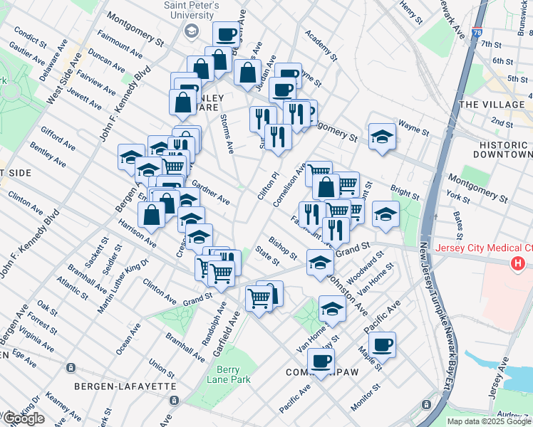 map of restaurants, bars, coffee shops, grocery stores, and more near 81 Cornelison Avenue in Jersey City