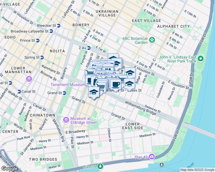 map of restaurants, bars, coffee shops, grocery stores, and more near 120 Delancey Street in New York