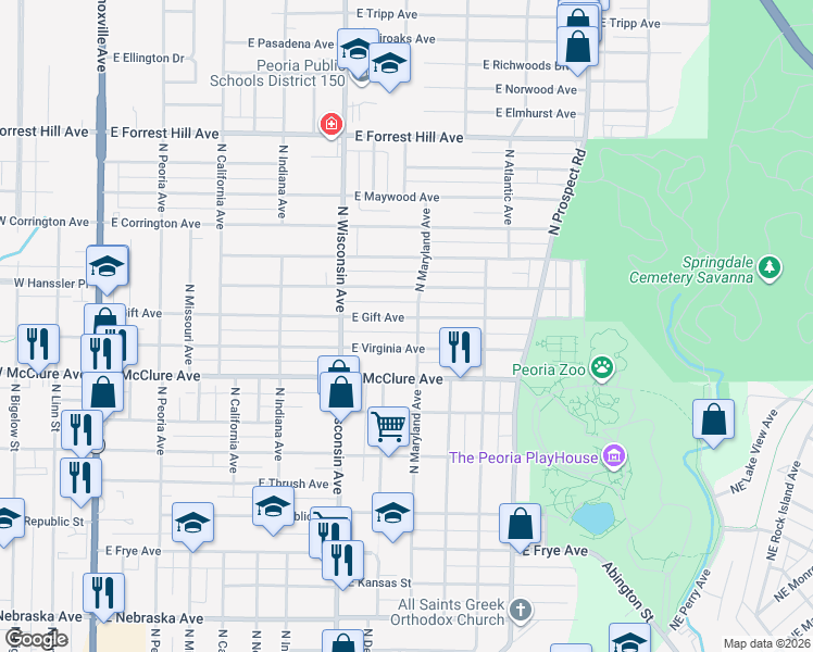 map of restaurants, bars, coffee shops, grocery stores, and more near 912 E Gift Ave in Peoria