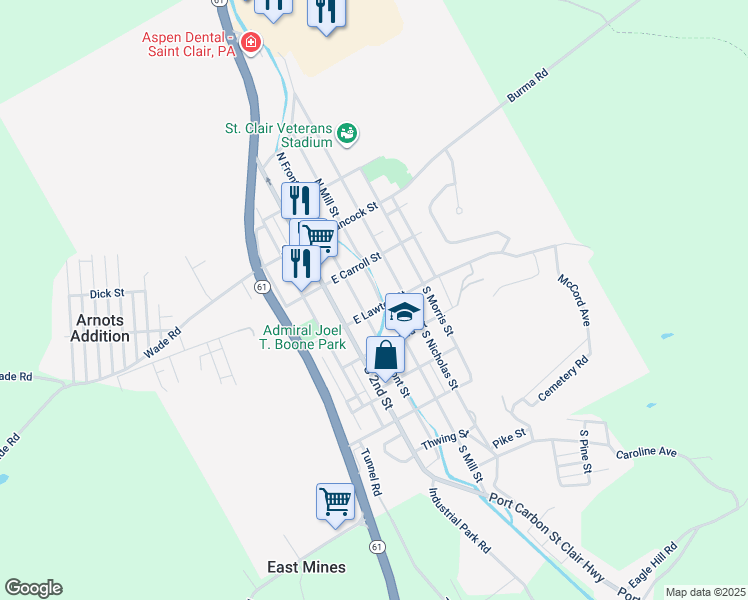 map of restaurants, bars, coffee shops, grocery stores, and more near 50 South Mill Street in Saint Clair