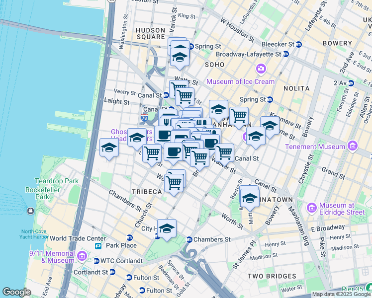 map of restaurants, bars, coffee shops, grocery stores, and more near 39 Walker Street in New York