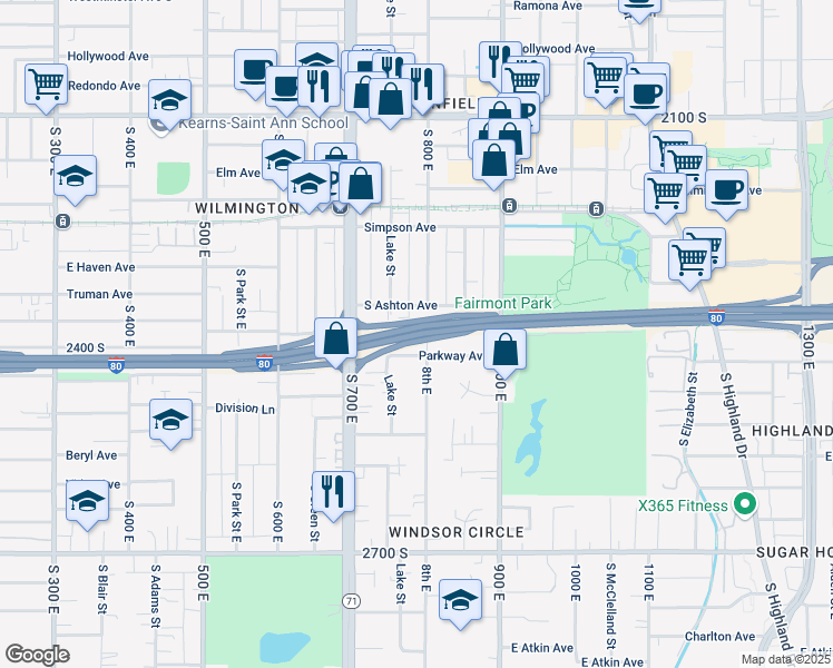 map of restaurants, bars, coffee shops, grocery stores, and more near 2392 8th East in Salt Lake City