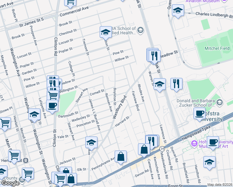 map of restaurants, bars, coffee shops, grocery stores, and more near 7 Chamberlain Street in Hempstead