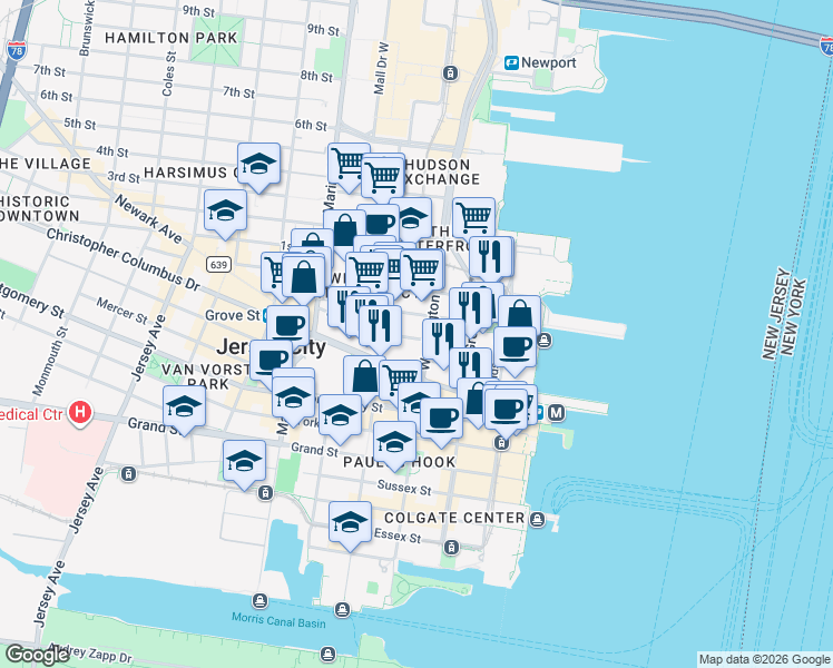 map of restaurants, bars, coffee shops, grocery stores, and more near 311 Washington Street in Jersey City