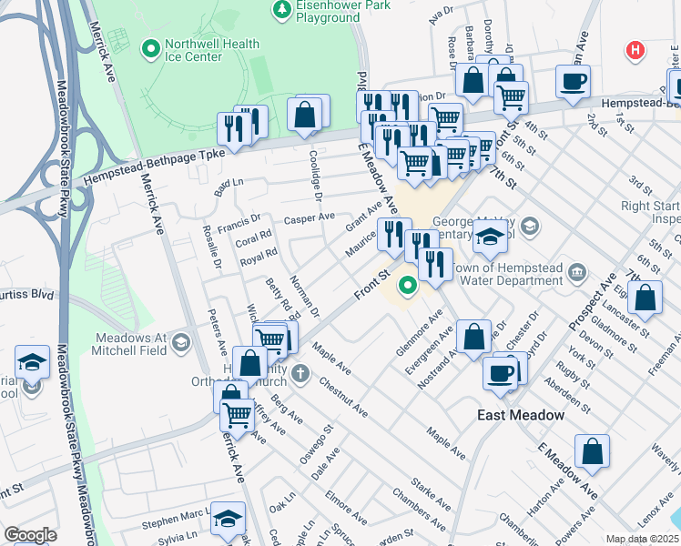 map of restaurants, bars, coffee shops, grocery stores, and more near 176 Coolidge Drive in East Meadow