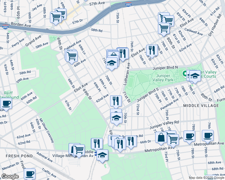 map of restaurants, bars, coffee shops, grocery stores, and more near 61-72 70th Street in Queens