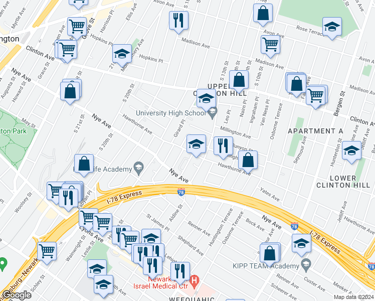 map of restaurants, bars, coffee shops, grocery stores, and more near 459 Hawthorne Avenue in Newark