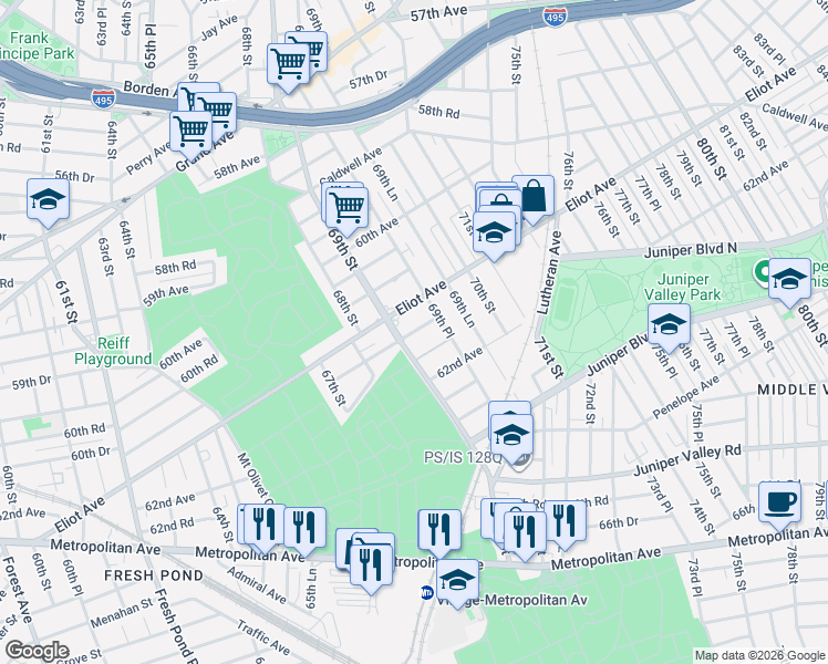 map of restaurants, bars, coffee shops, grocery stores, and more near 69-18 61st Road in Queens