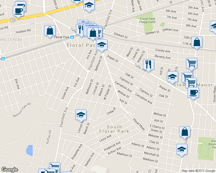 map of restaurants, bars, coffee shops, grocery stores, and more near 92 West Poplar Street in Floral Park