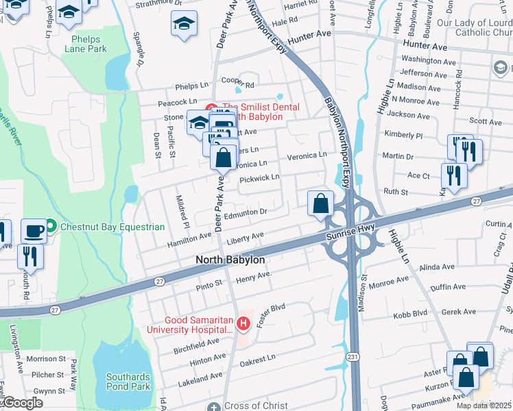 map of restaurants, bars, coffee shops, grocery stores, and more near 275 Edmunton Drive in North Babylon
