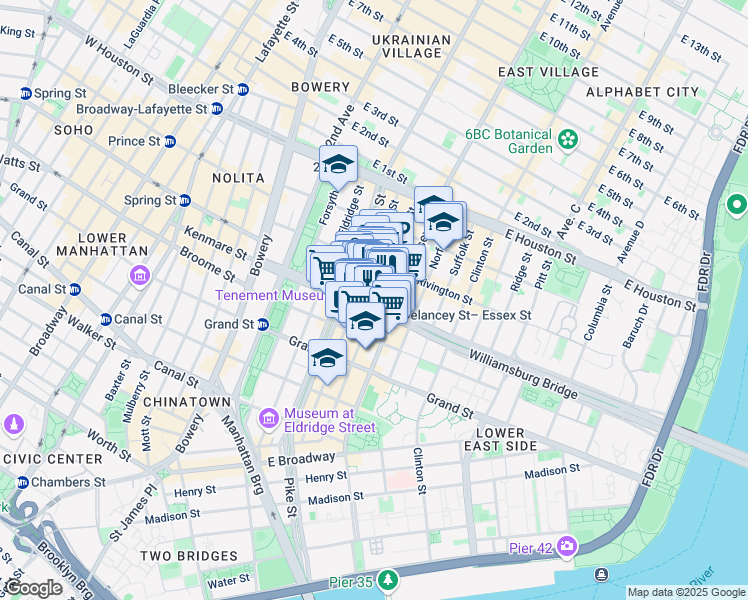 map of restaurants, bars, coffee shops, grocery stores, and more near 96 Delancey Street in New York