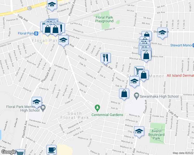 map of restaurants, bars, coffee shops, grocery stores, and more near 45 Birch Street in Floral Park