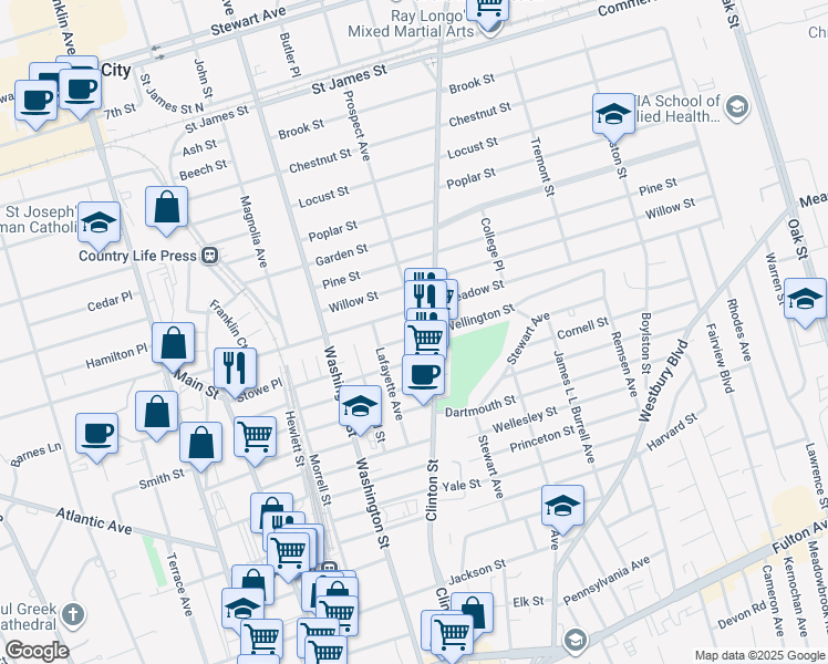 map of restaurants, bars, coffee shops, grocery stores, and more near 39 Wellington Street in Hempstead