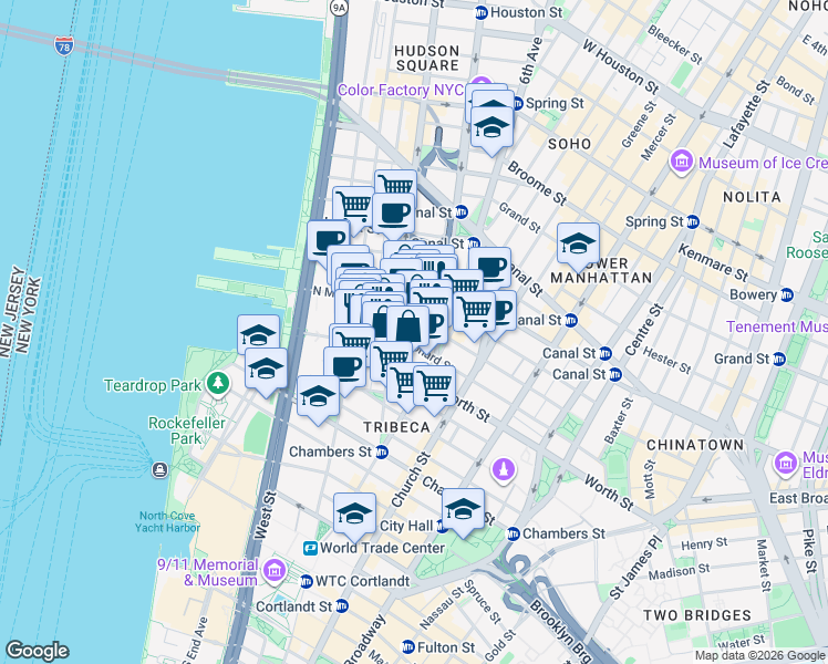 map of restaurants, bars, coffee shops, grocery stores, and more near 153 Franklin Street in New York