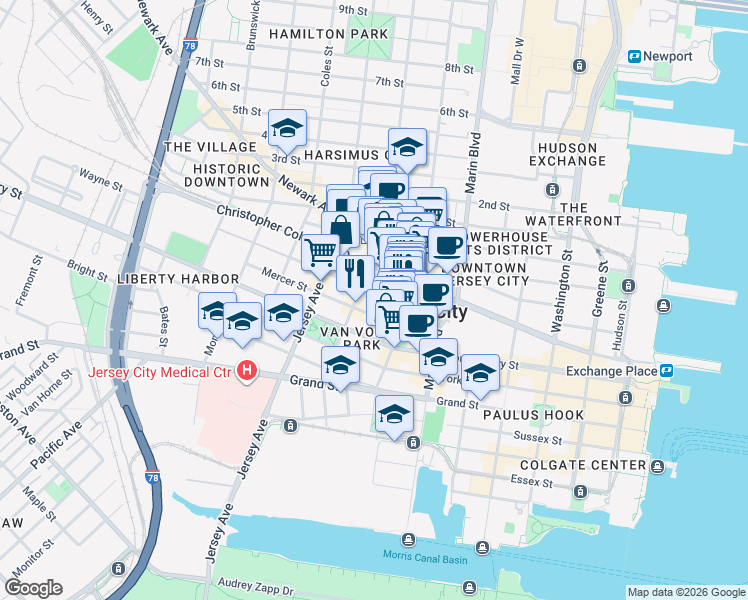 map of restaurants, bars, coffee shops, grocery stores, and more near 49 Wayne Street in Jersey City