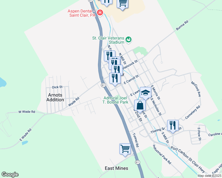 map of restaurants, bars, coffee shops, grocery stores, and more near 17 West Carroll Street in Saint Clair