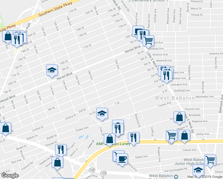 map of restaurants, bars, coffee shops, grocery stores, and more near 1444 3rd Street in West Babylon