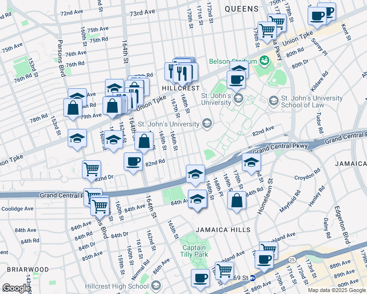 map of restaurants, bars, coffee shops, grocery stores, and more near 82-26 167th Street in Queens