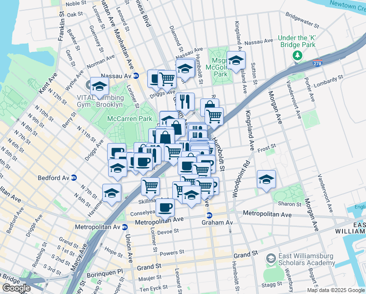 map of restaurants, bars, coffee shops, grocery stores, and more near 415 Manhattan Avenue in Brooklyn