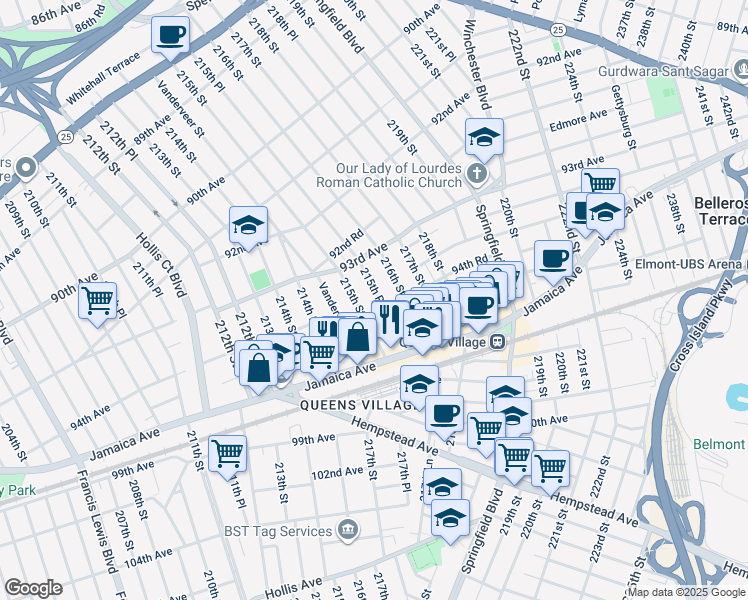 map of restaurants, bars, coffee shops, grocery stores, and more near 93-48 215th Place in Queens