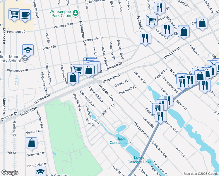 map of restaurants, bars, coffee shops, grocery stores, and more near 82 Sunset Road in Bay Shore