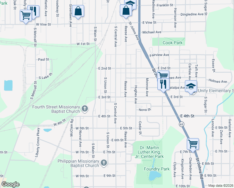 map of restaurants, bars, coffee shops, grocery stores, and more near 1185 South Central Avenue in Lima
