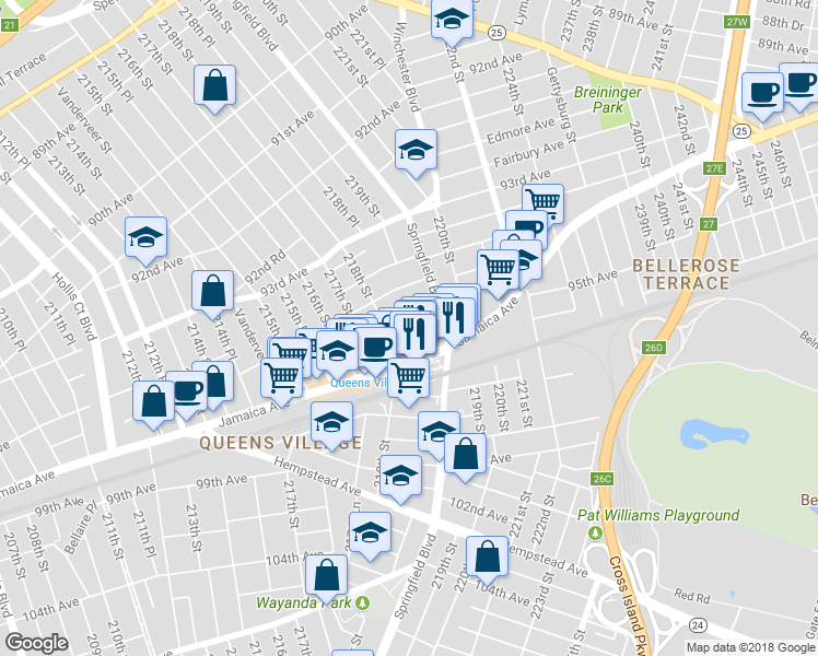 map of restaurants, bars, coffee shops, grocery stores, and more near 94-66 219th St in Queens