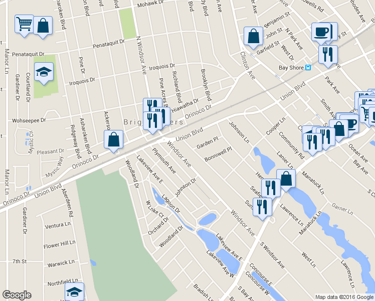 map of restaurants, bars, coffee shops, grocery stores, and more near 82 Sunset Road in Bay Shore